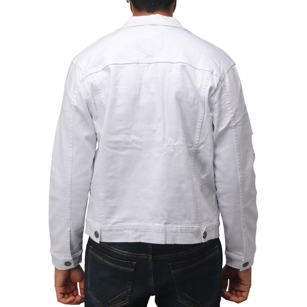 Mens White Denim Jacket Washed Ripped Distressed Stretch Casual Trucker - Picture 3 of 8